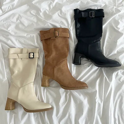 Karin Buckle Point Wood Heel Autumn Suede Half-Middle Boots (6.5cm)