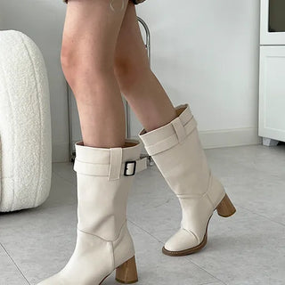 Karin Buckle Point Wood Heel Autumn Suede Half-Middle Boots (6.5cm)