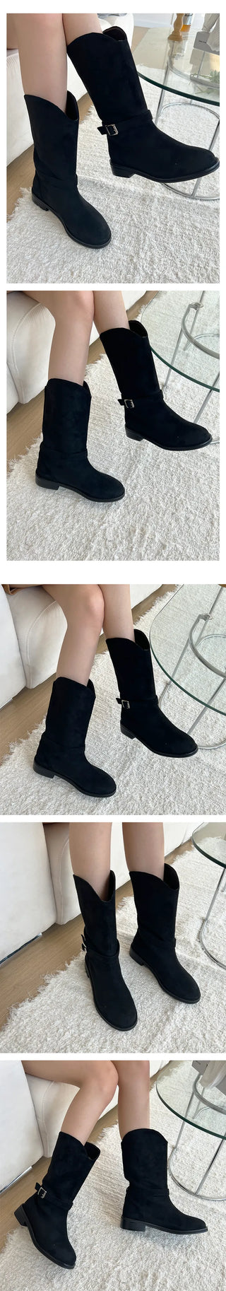 Anne Suede Western Wide Mid-Calf Boots (3cm)