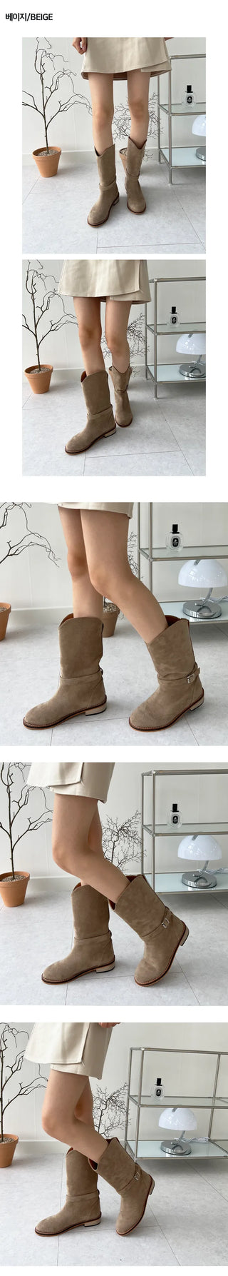 Anne Suede Western Wide Mid-Calf Boots (3cm)