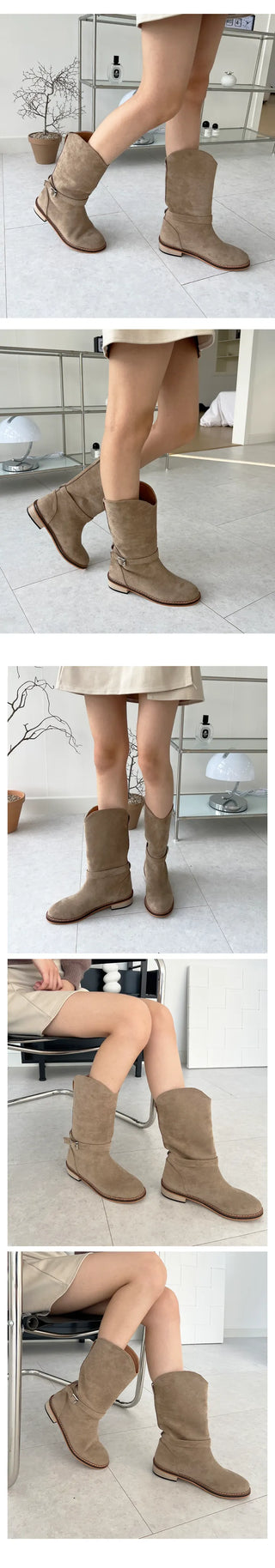Anne Suede Western Wide Mid-Calf Boots (3cm)