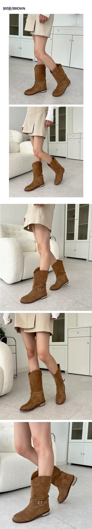 Anne Suede Western Wide Mid-Calf Boots (3cm)