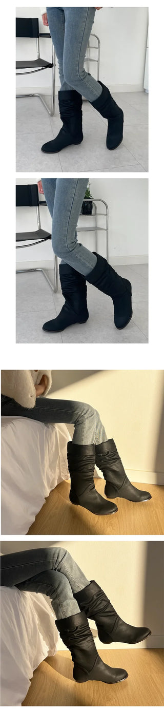 Domestically Made Maki Autumn Suede Wide Shirring Long Boots Ankle Boots (3cm)