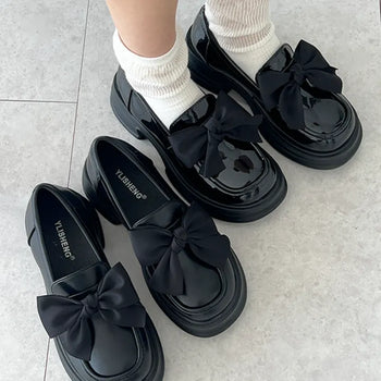 Bunny Ribbon Block Heel Fall Simple Loafers (5cm)
