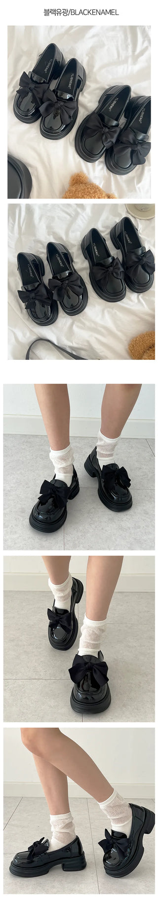 Bunny Ribbon Block Heel Fall Simple Loafers (5cm)