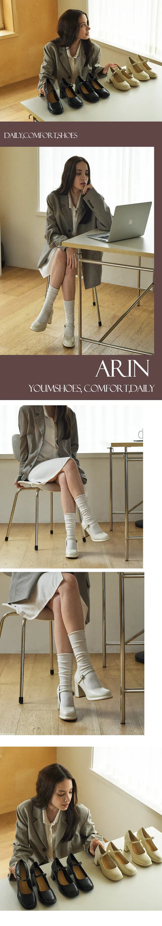 Arin Gaboshi's comfortable cushion-soled square Mary Jane loafer heel pumps (7/5cm)