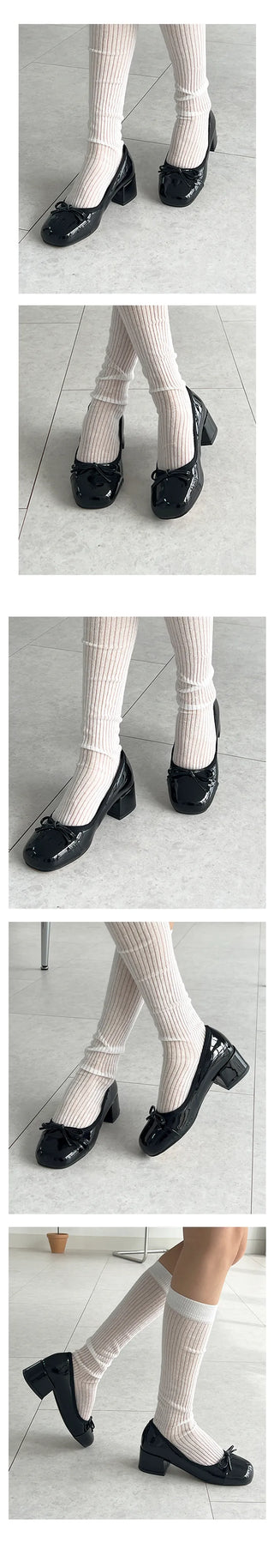 Onbi Ribbon Enamel Round Loafer Heel Pumps (5CM)