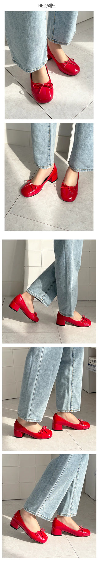 Onbi Ribbon Enamel Round Loafer Heel Pumps (5CM)