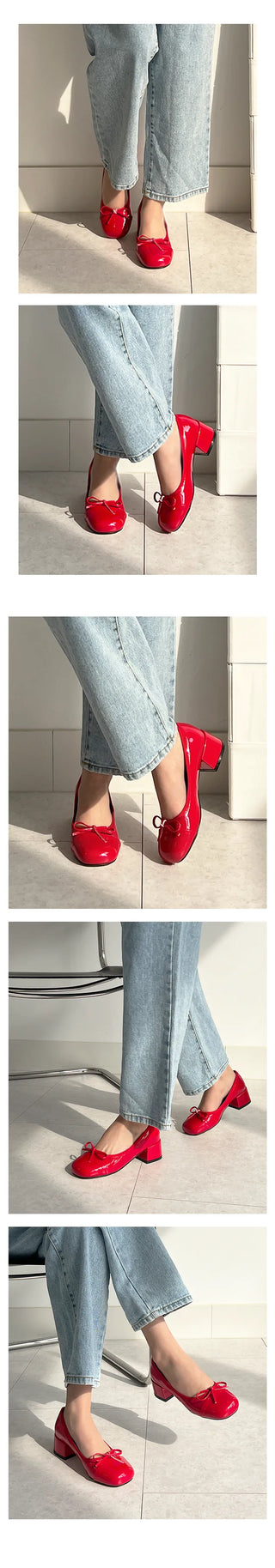 Onbi Ribbon Enamel Round Loafer Heel Pumps (5CM)