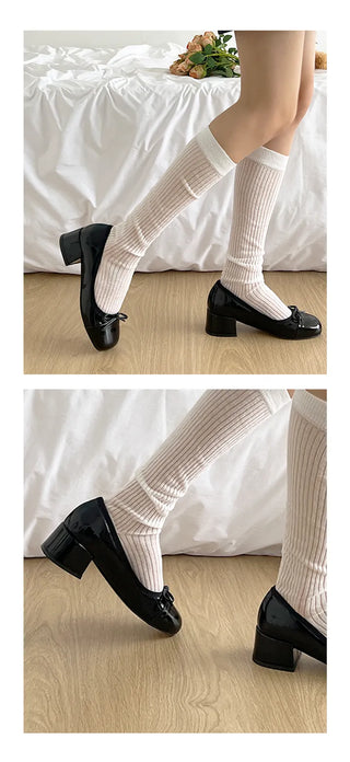 Onbi Ribbon Enamel Round Loafer Heel Pumps (5CM)