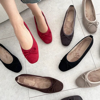 Non-slip Rosy Ribbon Flat Loafers, comfortable winter and fall flat shoes for all four seasons.