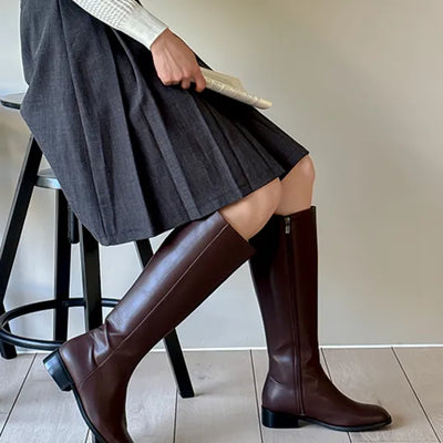 Bomi Eggtoe Semi-square Straight-fit Long Boots Knee-high Boots (3cm)