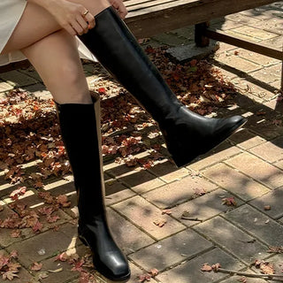 Bomi Eggtoe Semi-square Straight-fit Long Boots Knee-high Boots (3cm)