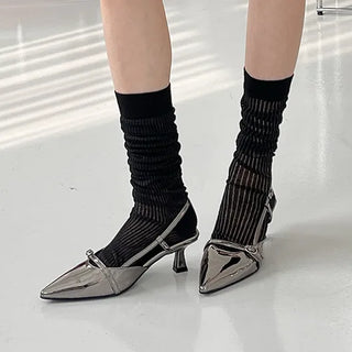 Henry comfortable slingback stiletto slingback black silver heel pumps (7cm)