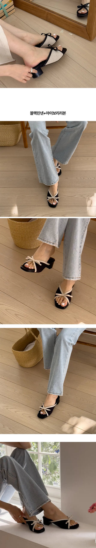 Big size slippers, wide-foot slippers, Romi ribbon square, comfortable combination linen slippers, loafers (3.5cm)