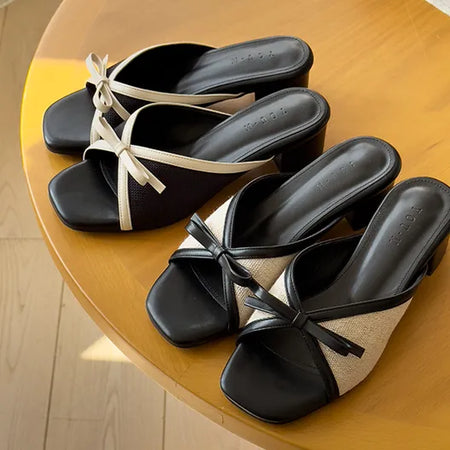 Big size slippers, wide-foot slippers, Romi ribbon square, comfortable combination linen slippers, loafers (3.5cm)