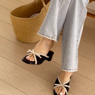 Big size slippers, wide-foot slippers, Romi ribbon square, comfortable combination linen slippers, loafers (3.5cm)