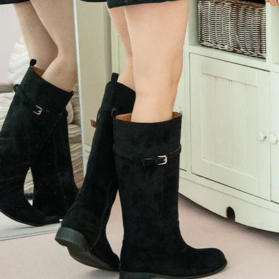 Lewen buckle wide-leg long boots big size long boots (4cm)