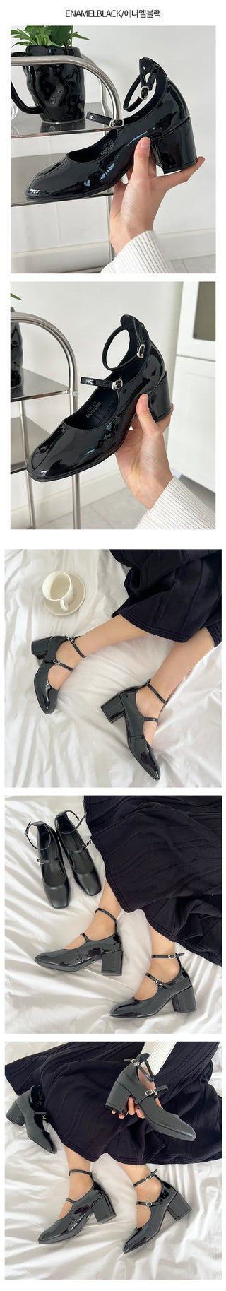 Two Buckle Mary Jane Black Enamel Matte Mary Jane Heel Pumps (6CM)