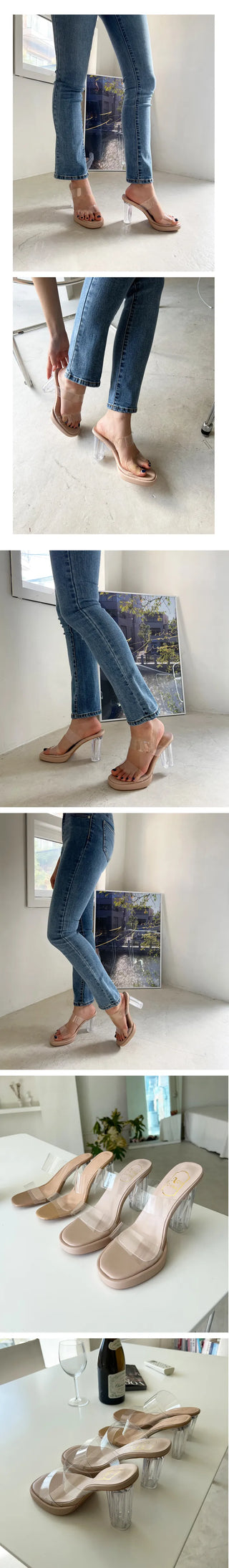 Transparent PVC Mary Jane Glass Mid-Heel High-Heel Mules (6.9.11cm)