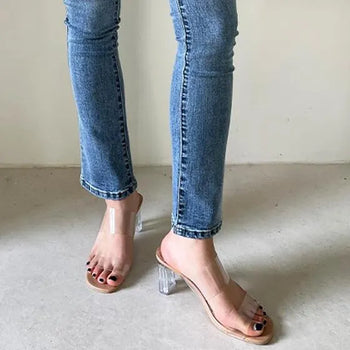 Transparent PVC Mary Jane Glass Mid-Heel High-Heel Mules (6.9.11cm)
