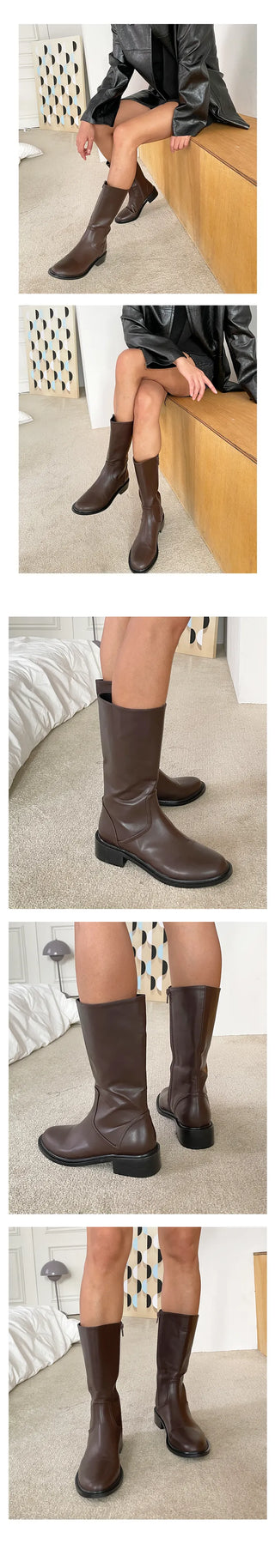 Mayve Round-Neck Chubby Autumn Middle Boots, Pony Boots, Long Boots