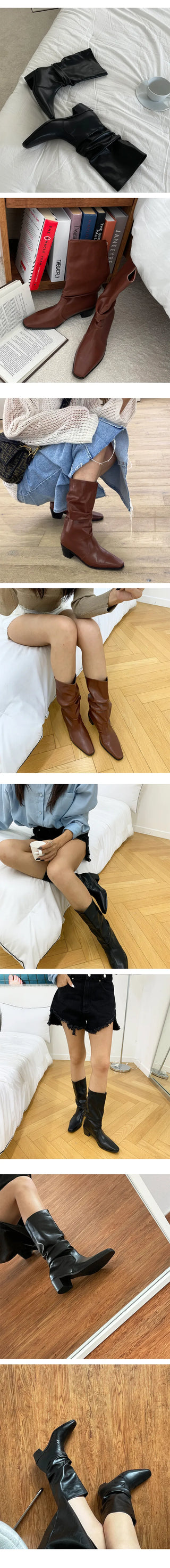 Caitlin Glossy Autumn Shirring Boots Luxury Mid-Calf Boots Long Boots Walker Stilettos Slender Boots