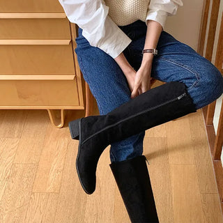 Eleanor Balken Fall Suede Chubby Boots  Boots Full Length Zipper Long Boots Straight Fit Mid Boots