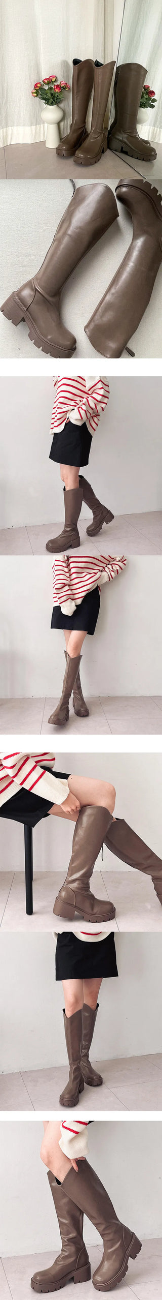 Camellia Block Heel Western Autumn Slim Fit All-Zip Point Long Boots Slim Boots Mid-Calf Boots