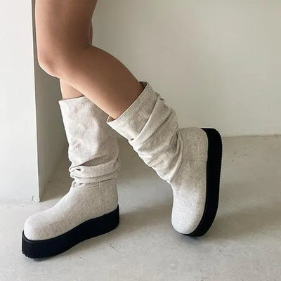 Ravi Block Heel Linen Fall Oversole Ma Long Boots (5cm)