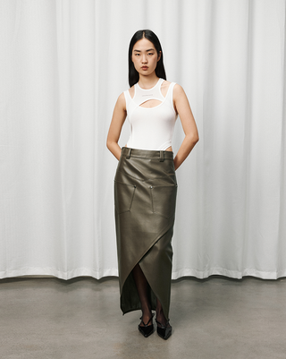 [UNAWARES] Cross Slit Leather Skirt