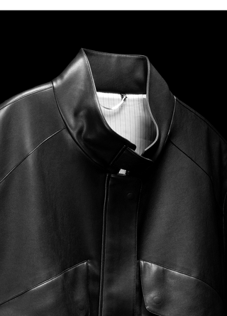 [UNAWARES] Stand Collar Double Bag Flying Leather Jacket