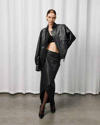 [UNAWARES] Stand Collar Double Bag Flying Leather Jacket