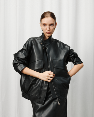 [UNAWARES] Stand Collar Double Bag Flying Leather Jacket