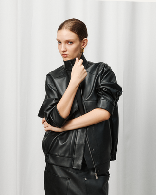 [UNAWARES] Stand Collar Double Bag Flying Leather Jacket
