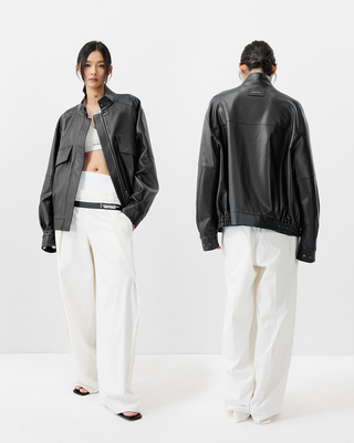 [UNAWARES] Stand Collar Double Bag Flying Leather Jacket