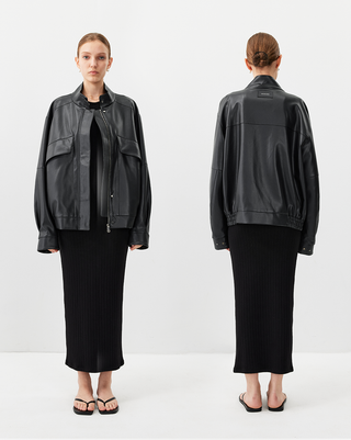 [UNAWARES] Stand Collar Double Bag Flying Leather Jacket