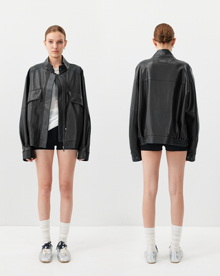 [UNAWARES] Stand Collar Double Bag Flying Leather Jacket