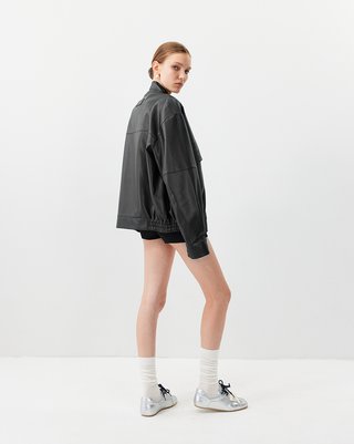 [UNAWARES] Stand Collar Double Bag Flying Leather Jacket