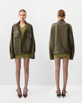 [UNAWARES] Stand Collar Double Bag Flying Leather Jacket