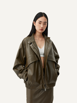 [UNAWARES] Stand Collar Double Bag Flying Leather Jacket
