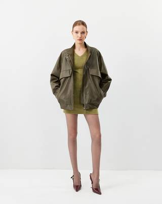 [UNAWARES] Stand Collar Double Bag Flying Leather Jacket
