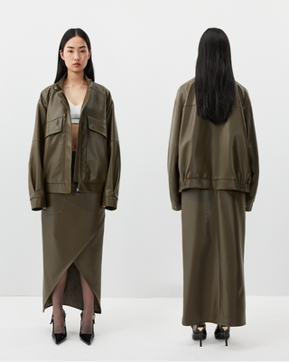[UNAWARES] Stand Collar Double Bag Flying Leather Jacket