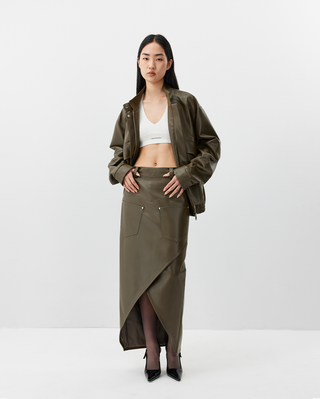 [UNAWARES] Stand Collar Double Bag Flying Leather Jacket