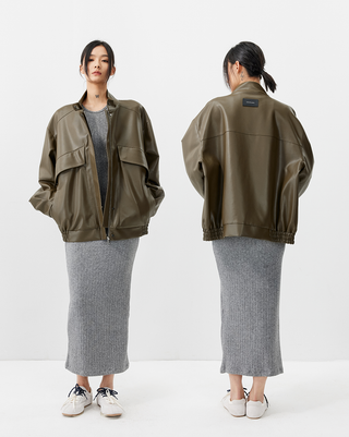 [UNAWARES] Stand Collar Double Bag Flying Leather Jacket
