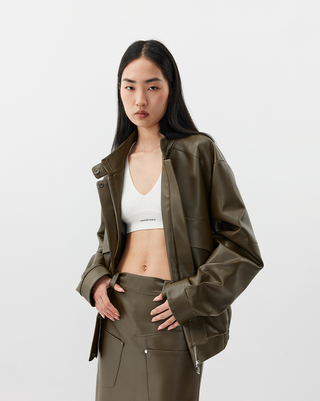 [UNAWARES] Stand Collar Double Bag Flying Leather Jacket
