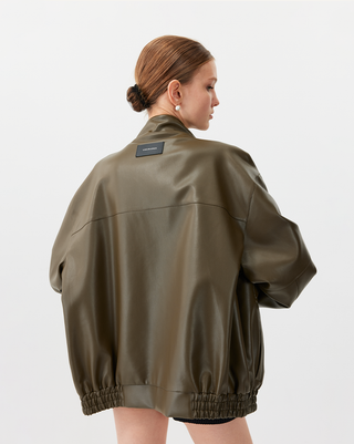 [UNAWARES] Stand Collar Double Bag Flying Leather Jacket