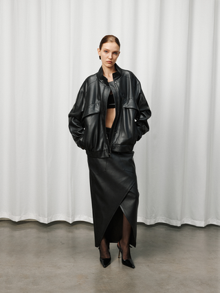 [UNAWARES] Stand Collar Double Bag Flying Leather Jacket