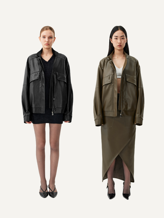 [UNAWARES] Stand Collar Double Bag Flying Leather Jacket