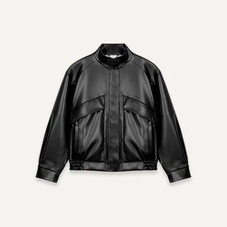 [UNAWARES] Stand Collar Double Bag Flying Leather Jacket
